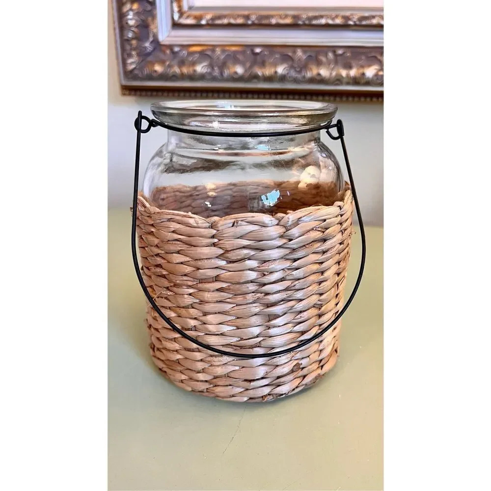 6" x 4 1/2"‎ Glass Jar Metal Handle, Straw Wrapped, Unbranded, Multi-Purpose
